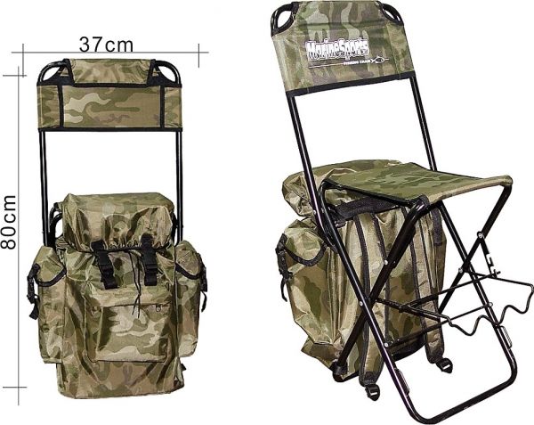 Mochila Camuflada Acoplada C/ Cadeira E Porta Varas De Pesca