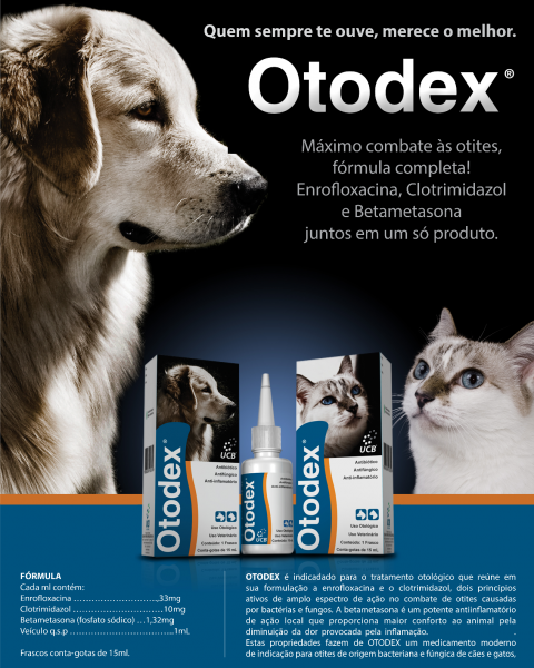 Otodex. medicamento de uso otológico que reúne em sua formulação a enrofloxacina e o clotrimidaz