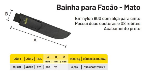 Bainha Para Facão 20" Paraboni. Em Nylon Com Passador Para Cinto.