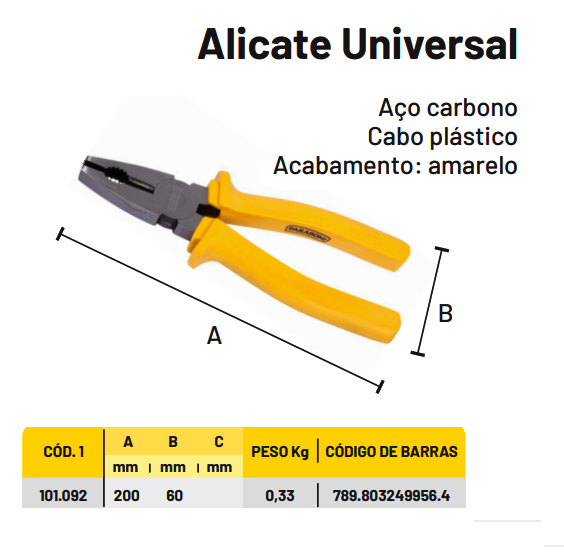 Alicate Universal Paraboni 8". Aço Carbono De Alta Densidade E Capacidade De Corte.